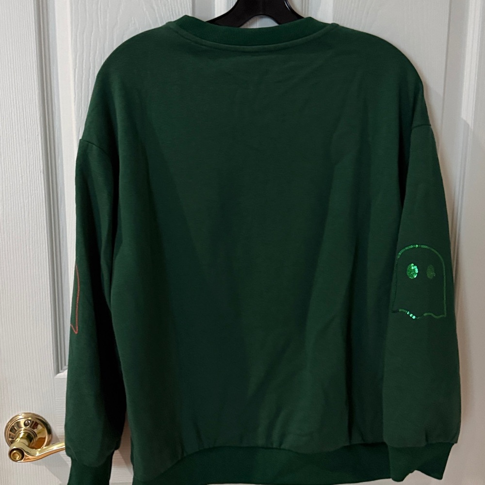 Green Ghost sequin Pattern Sweater size small ove… - image 3